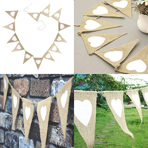 JZK Blanco Corazón banderines de Lino Vintage Bandera Guirnalda Bunting Bandera de triángulo de Yute Decoracion para Fiesta de Bodas o Photo Booth para fotografía rústica Boda