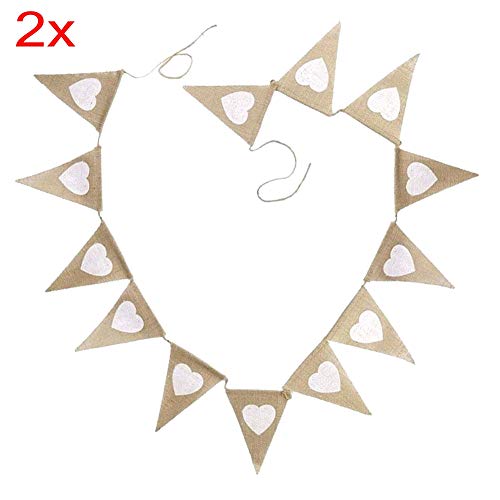 JZK Blanco Corazón banderines de Lino Vintage Bandera Guirnalda Bunting Bandera de triángulo de Yute Decoracion para Fiesta de Bodas o Photo Booth para fotografía rústica Boda