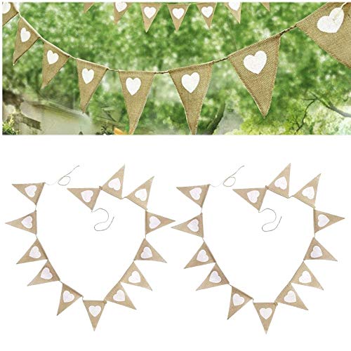 JZK Blanco Corazón banderines de Lino Vintage Bandera Guirnalda Bunting Bandera de triángulo de Yute Decoracion para Fiesta de Bodas o Photo Booth para fotografía rústica Boda