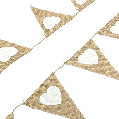JZK Blanco Corazón banderines de Lino Vintage Bandera Guirnalda Bunting Bandera de triángulo de Yute Decoracion para Fiesta de Bodas o Photo Booth para fotografía rústica Boda