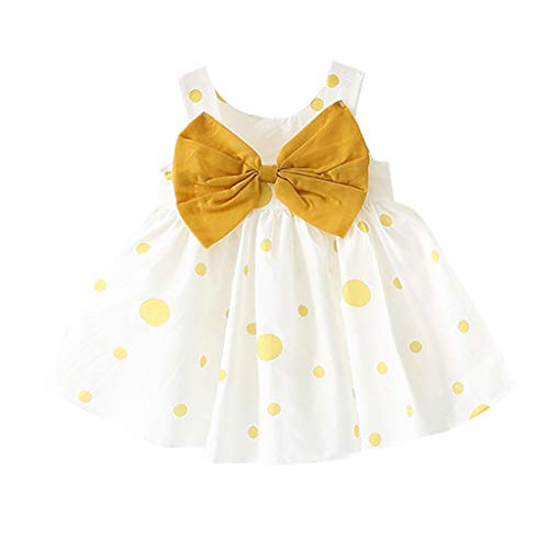 K-youth Ropa Bebe Niña de 0 a 24 Meses, Casual Lindo Vestido de Niña Imprimiendo Arco Sin Mangas Ropa Bebé Recién Nacido Verano Vestidos de Princesa Niña Playa + Sombrero (Amarillo, 0-6 Meses)