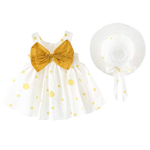 K-youth Ropa Bebe Niña de 0 a 24 Meses, Casual Lindo Vestido de Niña Imprimiendo Arco Sin Mangas Ropa Bebé Recién Nacido Verano Vestidos de Princesa Niña Playa + Sombrero (Amarillo, 0-6 Meses)