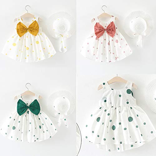 K-youth Ropa Bebe Niña de 0 a 24 Meses, Casual Lindo Vestido de Niña Imprimiendo Arco Sin Mangas Ropa Bebé Recién Nacido Verano Vestidos de Princesa Niña Playa + Sombrero (Amarillo, 0-6 Meses)