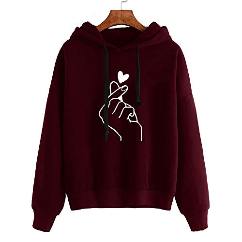 K-youth Sudadera con Capucha de Manga Larga con Estampado de Corazones para Mujer Deporte Sudaderas Mujer Tumblr Invierno Anchas (Vino Rojo, S)