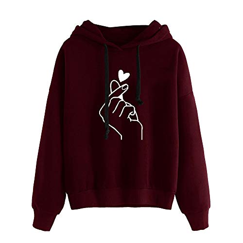 K-youth Sudadera con Capucha de Manga Larga con Estampado de Corazones para Mujer Deporte Sudaderas Mujer Tumblr Invierno Anchas (Vino Rojo, S)