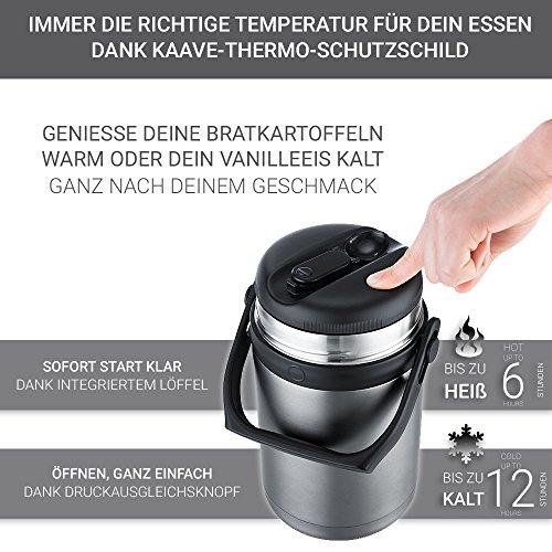 KAAVE Contenitore termico “bigJar” - 1800ml | Alta qualità | Termico per alimenti caldi - incl 3 scatole e cucchiaio | En acciaio inox, contenitore per neonati, in viaggio, campeggio | Senza BPA