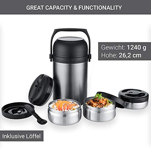 KAAVE Contenitore termico “bigJar” - 1800ml | Alta qualità | Termico per alimenti caldi - incl 3 scatole e cucchiaio | En acciaio inox, contenitore per neonati, in viaggio, campeggio | Senza BPA