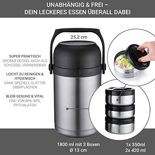 KAAVE Contenitore termico “bigJar” - 1800ml | Alta qualità | Termico per alimenti caldi - incl 3 scatole e cucchiaio | En acciaio inox, contenitore per neonati, in viaggio, campeggio | Senza BPA