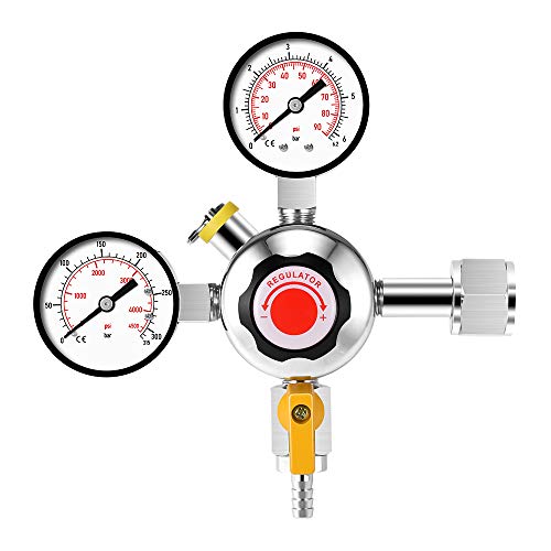 Kacsoo Regulador C02 Regulador de Cerveza con válvula de ventilación de Seguridad, regulador de Doble Calibre C02, Interfaz W21.8, presión de Trabajo 0-90PSI, presión de Botella 0-4500PSI