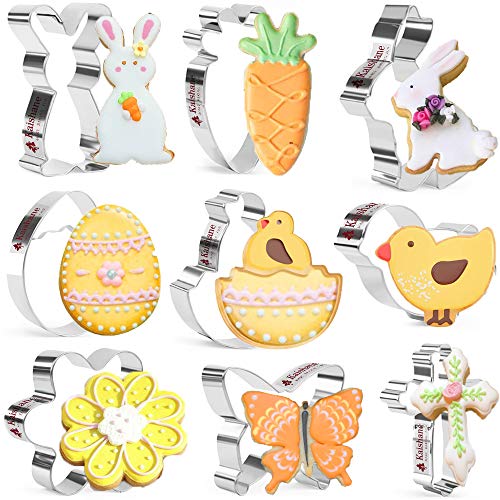 KAISHANE Cortador de galletas de Pascua diseño de conejito de Pascua, huevo, flor, pollo, un pollo fuera de la cáscara, mariposa, conejo, cruz, cortador de galletas con forma de animal 9 piezas