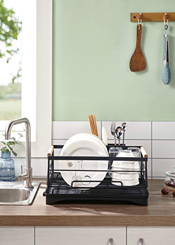 KAKIBLIN - Escurridor de platos de acero inoxidable y escurridor para mostrador de cocina grande con tabla de drenaje, color negro, 16,1 x 10,6 x 6,7 pulgadas