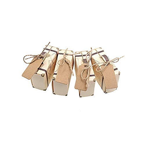 Kaptin - 50 paquetes de mini maletas de caramelo, papel kraft vintage con etiquetas y cordel de arpillera, bolsa de regalo de imitación para boda