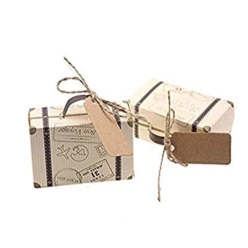 Kaptin - 50 paquetes de mini maletas de caramelo, papel kraft vintage con etiquetas y cordel de arpillera, bolsa de regalo de imitación para boda