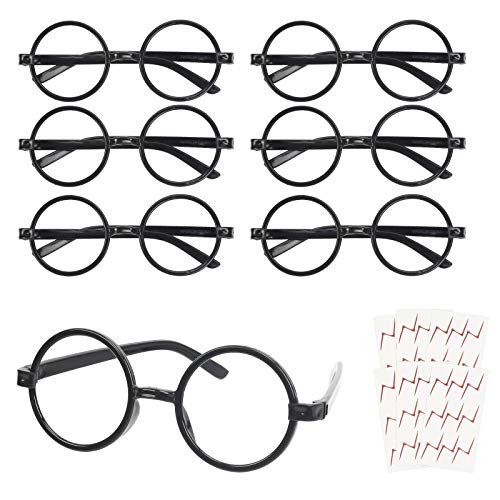 KATOOM 16PCS Gafas de Harry Potter, Gafas Redondas de Infantil, con 6 Hojas Tatuaje para Niños, Gafas Wizard sin Lentes Estilo de Empollón para Materiales de Fiesta de Disfraces Halloween, Negro