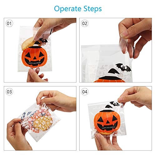 KATOOM 400 Bolsas de Dulces Autoadhesivas para Halloween, celofán, plástico Transparente, Truco o Trato, Calabaza, Fantasma, Galleta, Bolsa de Regalo para Dulces de Halloween,decoración para Fiestas