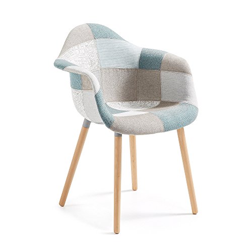 Kave Home - Silla de Comedor Kevya con reposabrazos tapizada en Tela Patchwork Azul con Patas de Madera Maciza de Haya Natural
