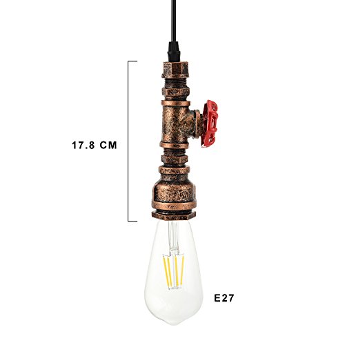 KAWELL Industrial Vintage Lámpara Colgante Luz de Tubo de Agua Lampara de Techo Retro Luz Pendiente E27 Base Hierro para Cafe, Loft, Bar, Restaurante, Estudio, Cocina, Dormitorio, Rust Color