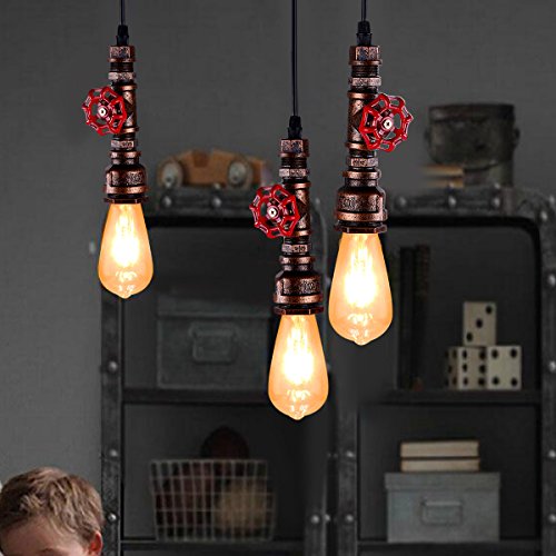 KAWELL Industrial Vintage Lámpara Colgante Luz de Tubo de Agua Lampara de Techo Retro Luz Pendiente E27 Base Hierro para Cafe, Loft, Bar, Restaurante, Estudio, Cocina, Dormitorio, Rust Color