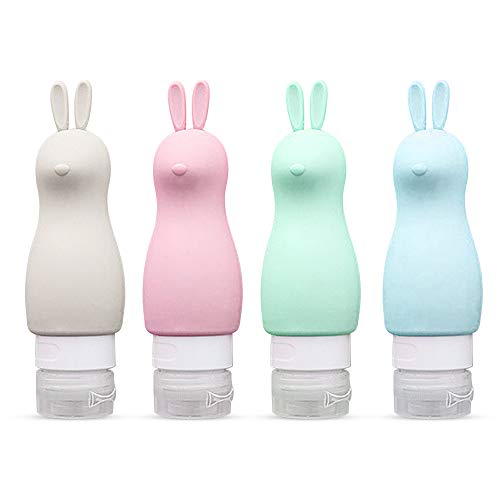 Keilafu Botes Viaje, Botes vacios para Rellenar Gel, 4 Botellas de Viaje de Silicona a Prueba de Fugas, Juego de Botellas de Viaje de Oso Conejo Colorido de 90 ml para líquidos, loción(Conejo)