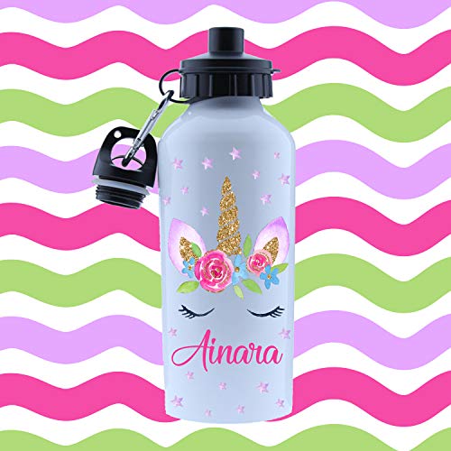 Kembilove – Cantimplora Infantil Personalizada – Botella de Aluminio Personalizada con el Nombre del Niño o Niña – Capacidad 500 ml peques – Cantimplora Unicornio.