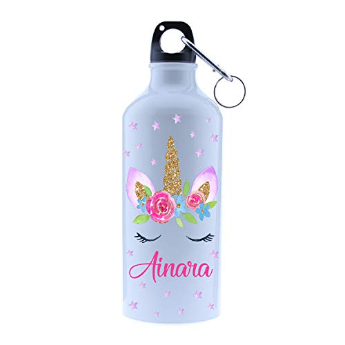 Kembilove – Cantimplora Infantil Personalizada – Botella de Aluminio Personalizada con el Nombre del Niño o Niña – Capacidad 500 ml peques – Cantimplora Unicornio.