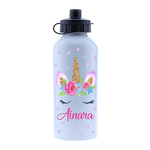 Kembilove – Cantimplora Infantil Personalizada – Botella de Aluminio Personalizada con el Nombre del Niño o Niña – Capacidad 500 ml peques – Cantimplora Unicornio.