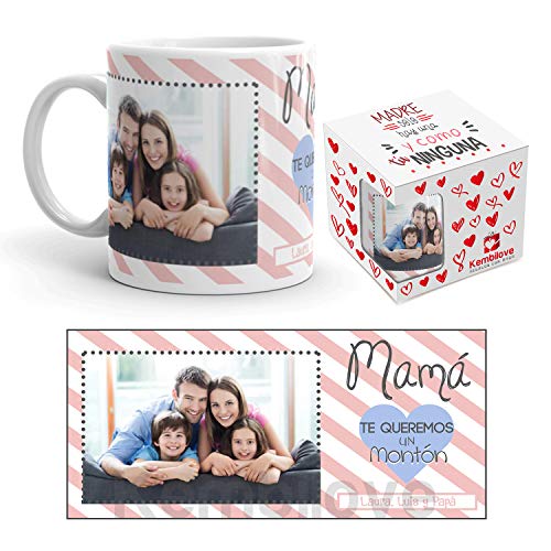 Kembilove Taza de Café Mamá te Queremos un montón – Taza de Desayuno con Foto Personalizada – Taza de Café y Té para Regalo Original Mamá – Taza de Cerámica Impresa – Tazas de de 350 ml