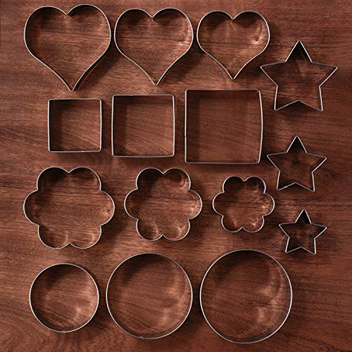 KENIAO Juego de Básico Cortadores de Galletas Redondas Cuadrados Moldes para Galletas de Fondant - 15 Piezas - Estrellas, Redondas, Corazon, Flores & Cuadrados - Acero Inoxidable