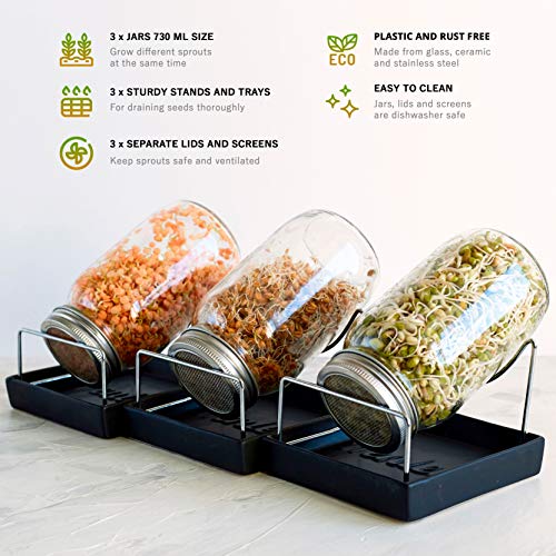 Kenley - Juego de germinador para cultivar sus propias ensaladas de brotes de alfalfa brocolli con tapas de colador de acero inoxidable