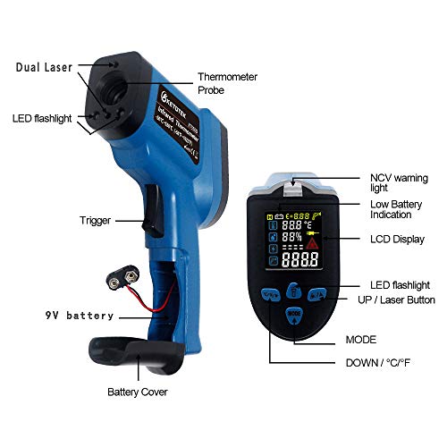 Ketotek KT550D Pistola de termómetro infrarrojo digital con láser dual sin contacto -50 ~ 550 ℃ con termopar K Humedad ajustable Emisividad