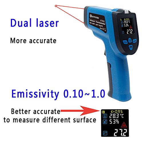 Ketotek KT550D Pistola de termómetro infrarrojo digital con láser dual sin contacto -50 ~ 550 ℃ con termopar K Humedad ajustable Emisividad