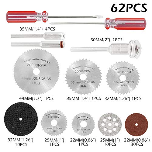 Keyohome - Juego de 62 discos de corte de diamante, vástago de 1/8 pulgadas, rueda de corte mini Dremel con 5 mandriles y 2 destornilladores para piedra de resina de metal y madera