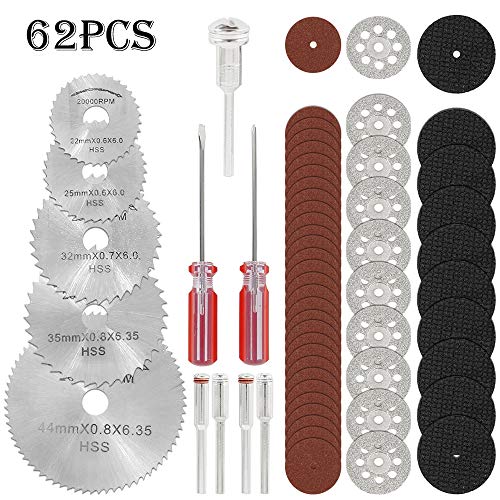 Keyohome - Juego de 62 discos de corte de diamante, vástago de 1/8 pulgadas, rueda de corte mini Dremel con 5 mandriles y 2 destornilladores para piedra de resina de metal y madera