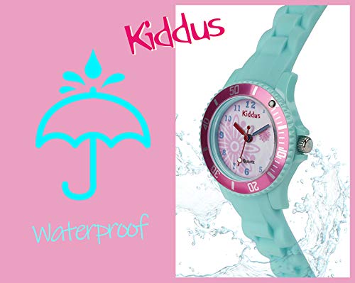 KIDDUS Sporty Reloj Sumergible para niña, niño. Analógico, de Pulsera en Silicona Suave. con Ejercicios Time Teacher para Aprender Las Horas. Mecanismo de Cuarzo japonés. KI10112 Turquesa