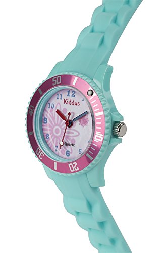 KIDDUS Sporty Reloj Sumergible para niña, niño. Analógico, de Pulsera en Silicona Suave. con Ejercicios Time Teacher para Aprender Las Horas. Mecanismo de Cuarzo japonés. KI10112 Turquesa