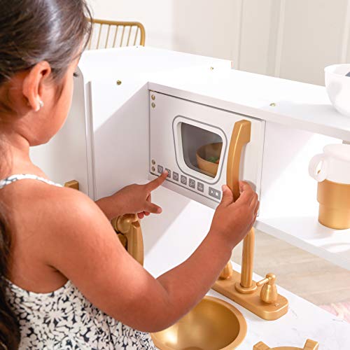 KidKraft- Cocina de juguete en color blanco (Modern White) con detalles en dorado y kit de accesorios con 27 utensilios de cocina , Color Blanca (53445)