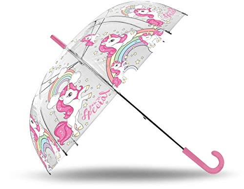 Kids Licensing- Paraguas Unicornio Transparente Auto 20'' Fibra Vidrio, Multicolor, 80 cm (KL10093)