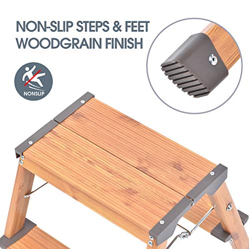 Kingrack Taburete de escalón de aluminio de doble cara, escalera de diseño plegable con pies antideslizantes, escalera ligera con diseño de madera escandinava. WKUK2272