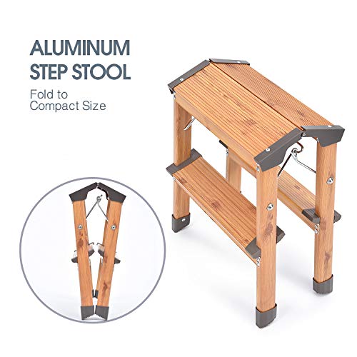 Kingrack Taburete de escalón de aluminio de doble cara, escalera de diseño plegable con pies antideslizantes, escalera ligera con diseño de madera escandinava. WKUK2272