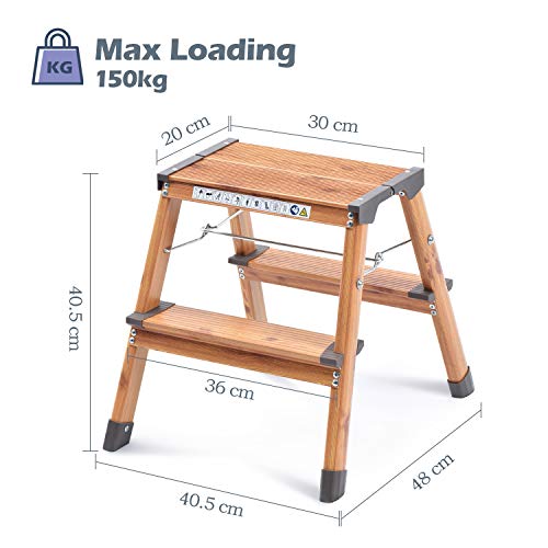 Kingrack Taburete de escalón de aluminio de doble cara, escalera de diseño plegable con pies antideslizantes, escalera ligera con diseño de madera escandinava. WKUK2272