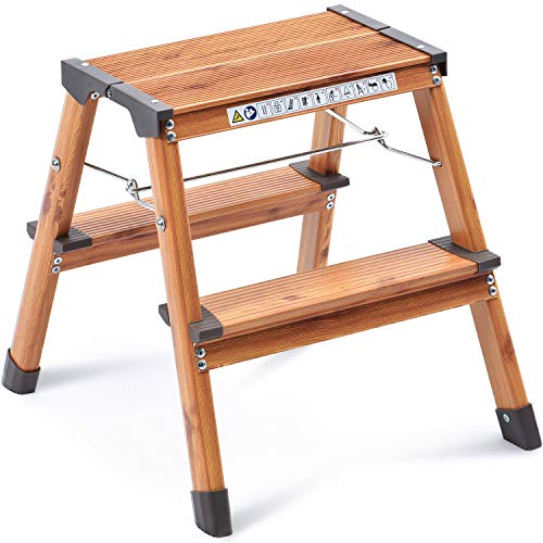 Kingrack Taburete de escalón de aluminio de doble cara, escalera de diseño plegable con pies antideslizantes, escalera ligera con diseño de madera escandinava. WKUK2272