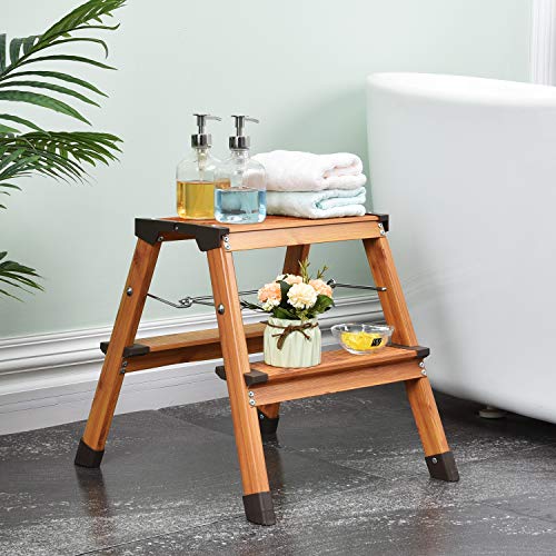 Kingrack Taburete de escalón de aluminio de doble cara, escalera de diseño plegable con pies antideslizantes, escalera ligera con diseño de madera escandinava. WKUK2272