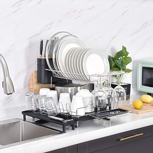 Kingrack XXXL escurreplatos 2 niveles,rejilla de secado de platos de 304 acero inoxidable con soporte para cubiertos,soporte para copa de vino,portavasos, rejilla para tablas de cortar para cocina