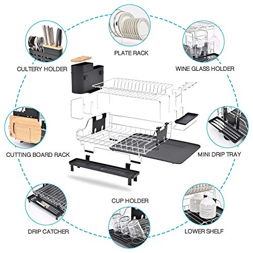 Kingrack XXXL escurreplatos 2 niveles,rejilla de secado de platos de 304 acero inoxidable con soporte para cubiertos,soporte para copa de vino,portavasos, rejilla para tablas de cortar para cocina