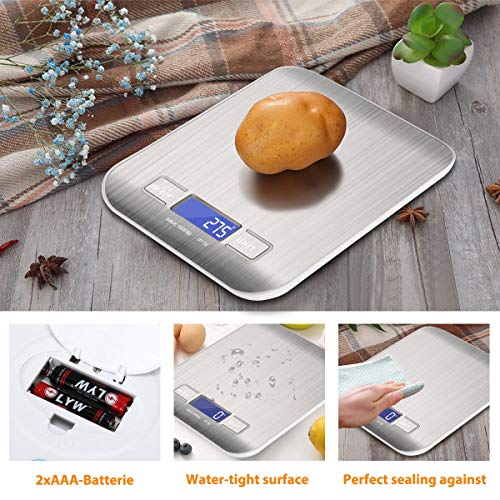 KINLO Función Tara Mini Básculas de Cocina 【Ofer.ta Limitada】 de Acero Inoxidable 1g a 10kg con LCD Pantalla Electrónica Inteligente Impermable Balanza Electrónica Escala de Comida
