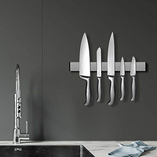 Kinlo - Soporte magnético para cuchillos (30/40/50 cm, montaje en pared, sin agujeros, acero inoxidable cepillado, extrafuerte, para cocina, oficina, taller), acero inoxidable, plata, 31x1,5x4CM