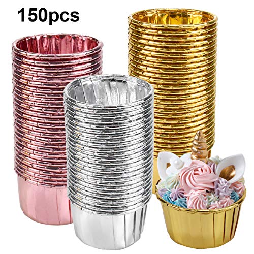 Kissral 150 Pcs Papel de Aluminio para Cupcakes, Moldes Mini Magdalenas, para Hornear Magdalenas, Fiesta de Bodas, Cumpleaños, Color Dorado, Plateado y Oro Rosa