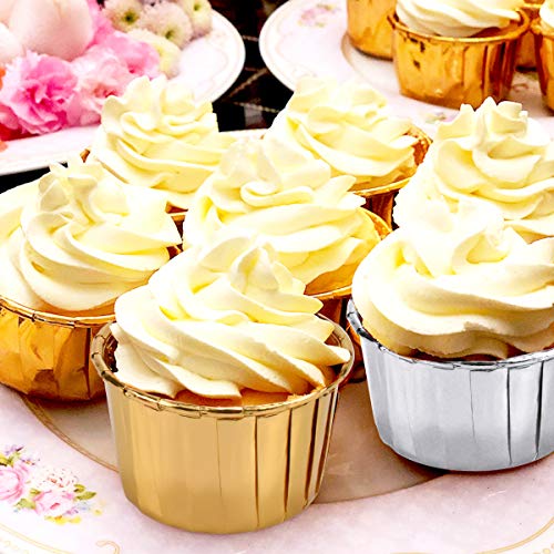 Kissral 150 Pcs Papel de Aluminio para Cupcakes, Moldes Mini Magdalenas, para Hornear Magdalenas, Fiesta de Bodas, Cumpleaños, Color Dorado, Plateado y Oro Rosa