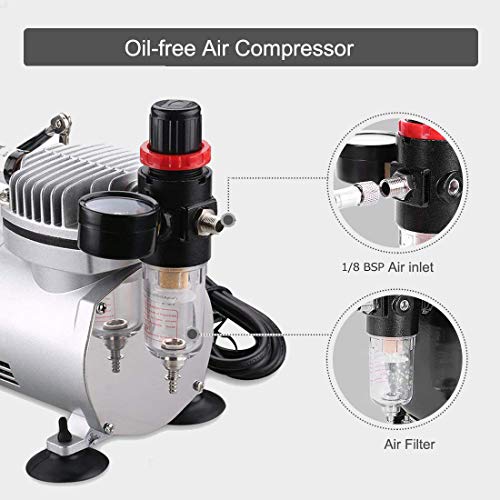 kit aerografo con compresor profesional,1/5HP Compresor de Aire con 2 aerógrafos 0.3mm Acción dual Gravity Feed, Aerógrafo de acción simple de 0.8 mmn