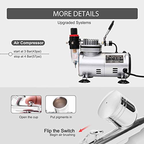 kit aerografo con compresor profesional,1/5HP Compresor de Aire con 2 aerógrafos 0.3mm Acción dual Gravity Feed, Aerógrafo de acción simple de 0.8 mmn